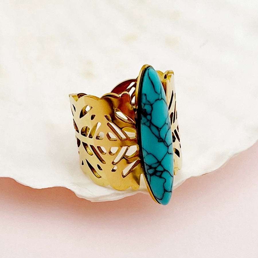 Jewelry Hip-Hop Streetwear Oval 304 Stainless Steel Natural Stone 14K Gold Plated Plating Inlay Open Rings