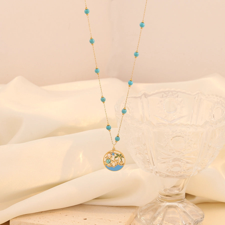 Jewelry Hawaiian Commute Coconut Tree Dolphin 304 Stainless Steel Pearl 18K Gold Plated Hollow Out Jewelry Set