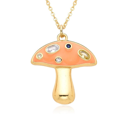 Copper Inlay Mushroom Zircon Pendant Necklace
