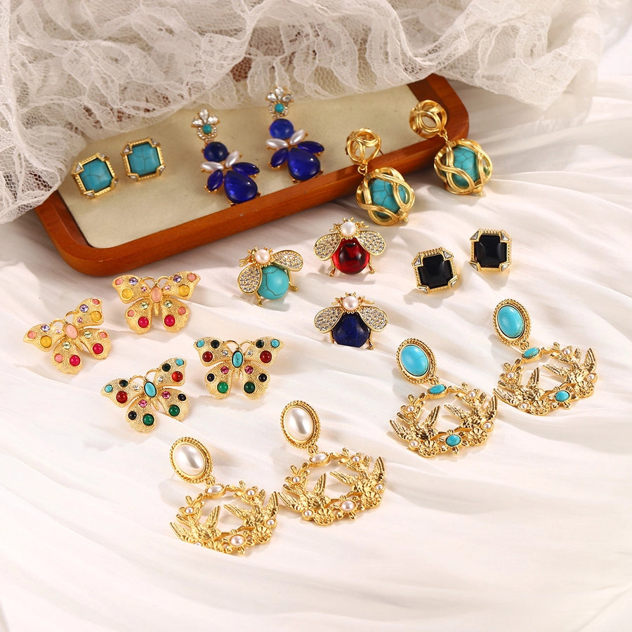 1 Pair Elegant Retro Geometric Butterfly Inlay Alloy Artificial Pearls Natural Stone Zircon 18K Gold Plated Palladium White K Drop Earrings