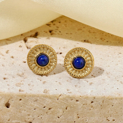 One Pack and Two Pairs Retro French Style Geometric Plating Titanium Steel Natural Stone 14K Gold Plated Ear Studs