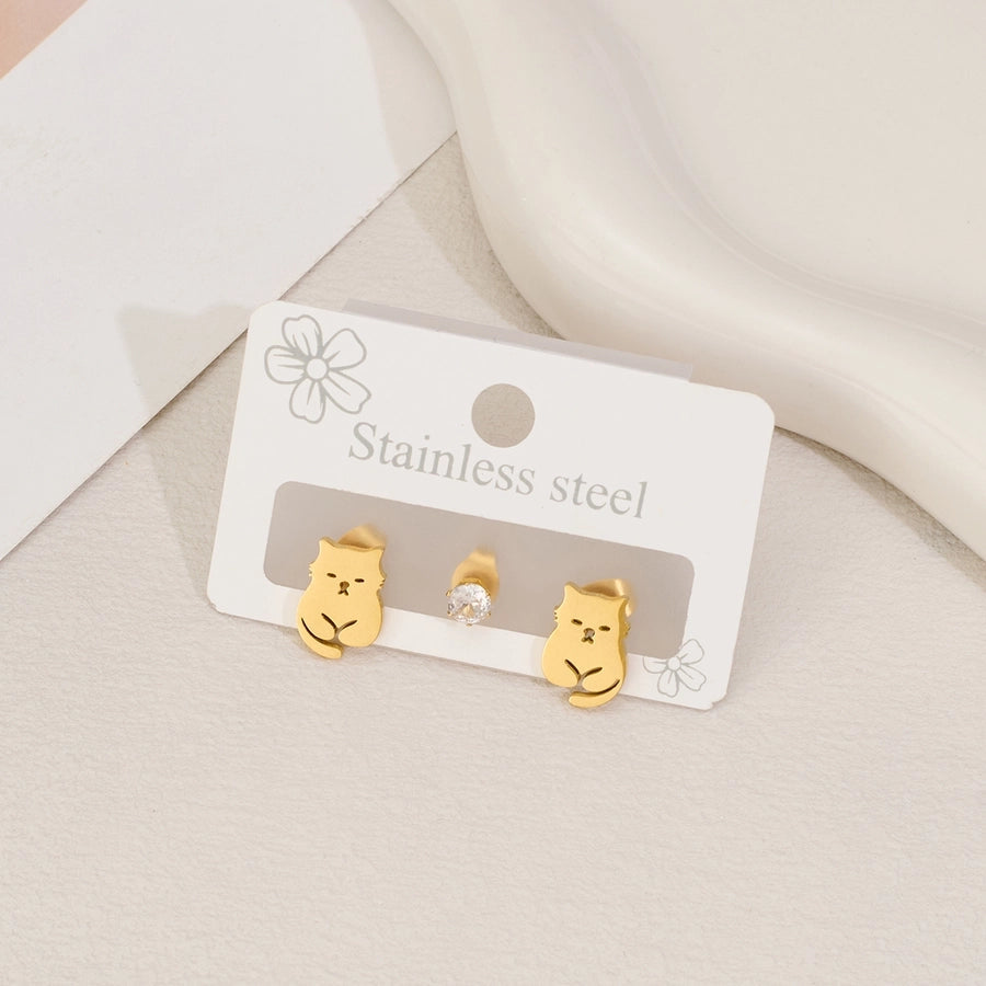 1 Set Halloween Cute Sweet Animal Cat Bat Polishing Inlay 304 Stainless Steel Zircon 18K Gold Plated Ear Studs
