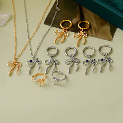Copper 18K Gold Plated White Gold Plated Asymmetrical Big Bow Bow Knot Zircon Jewelry Set