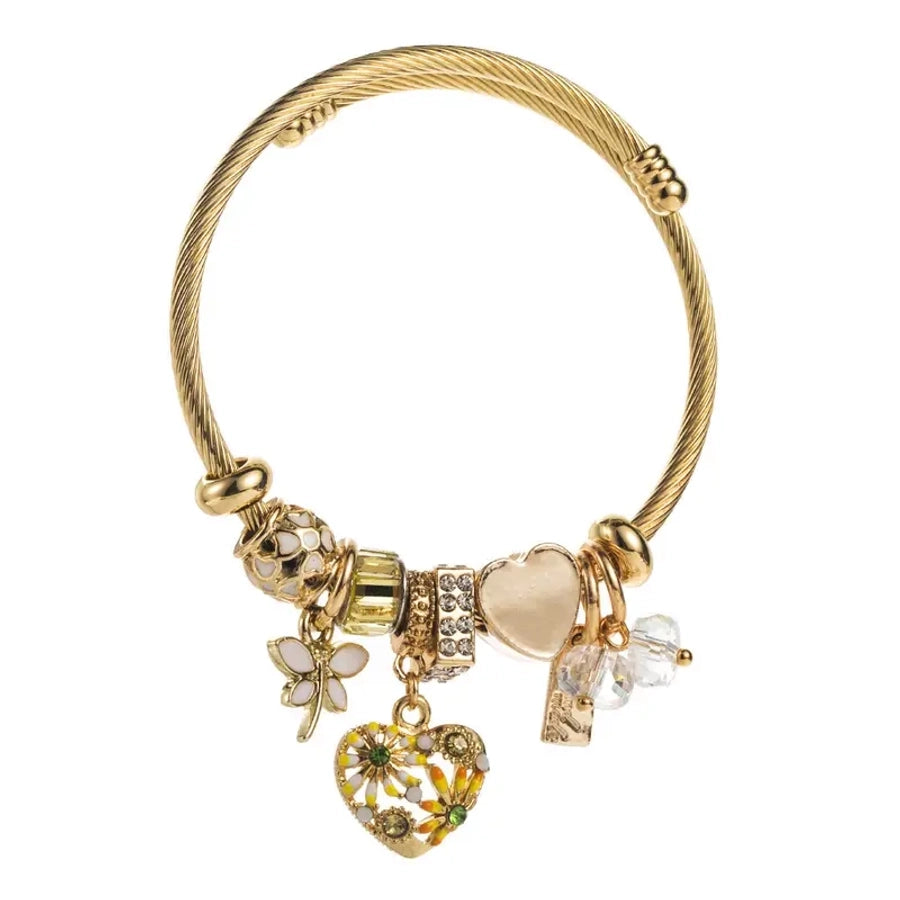 Simple Style Heart Shape Flower Dragonfly 304 Stainless Steel Zinc alloy Rhinestones Bangle In Bulk