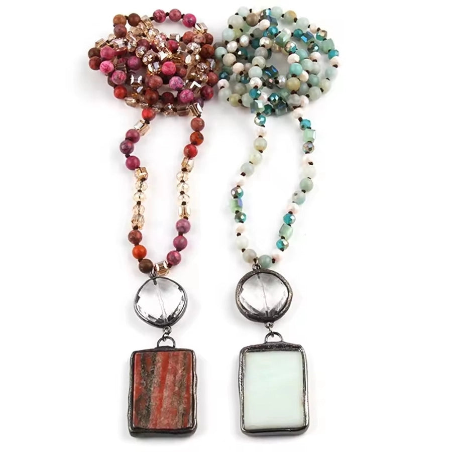 Retro Geometric natural stone Beaded Chain Pendant Necklace In Bulk