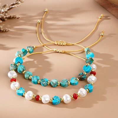 Europe and America  Hot-Selling New Arrival Bohemian Style Imitation Pearl Natural Stone Peach Heart Beads String Bracelet Fashion 2-Piece Set