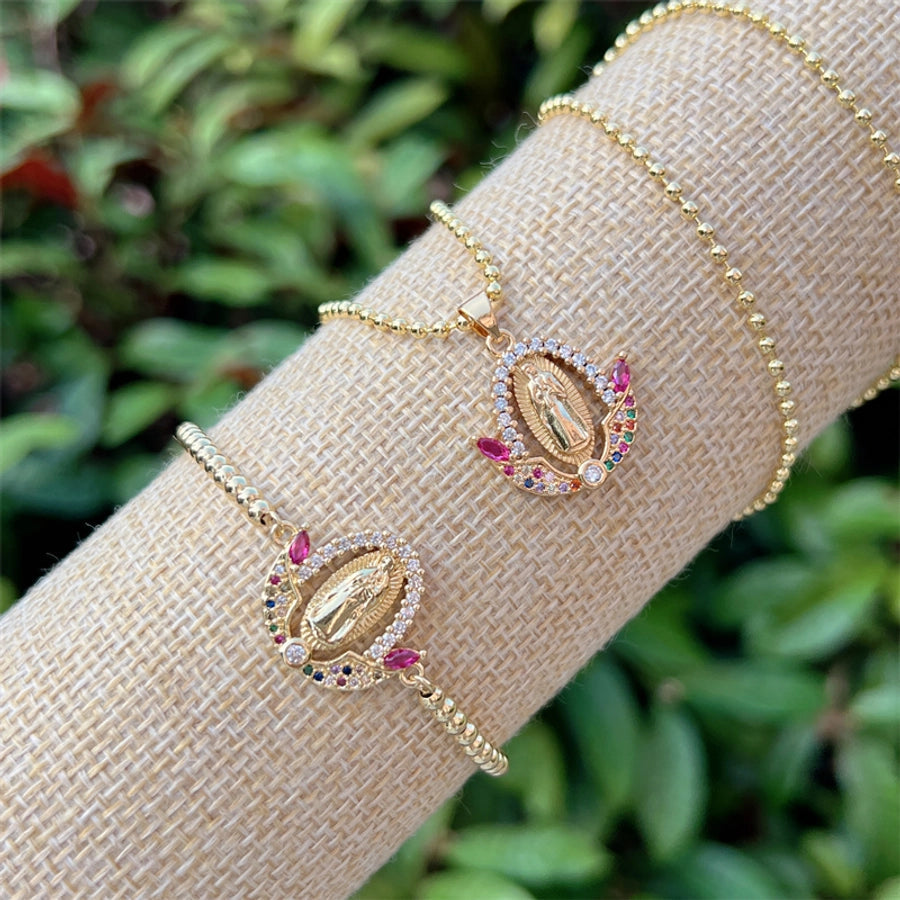 Jewelry Simple Style Classic Style Cross Virgin Mary Copper Zircon 18K Gold Plated Bracelets Necklace Jewelry Set