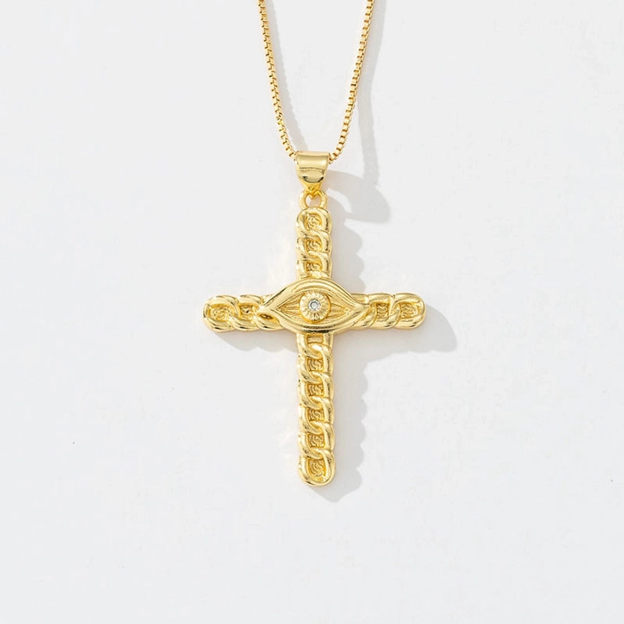 Copper box chain 18K Gold Plated Inlay Carving Cross Zircon Pendant Necklace