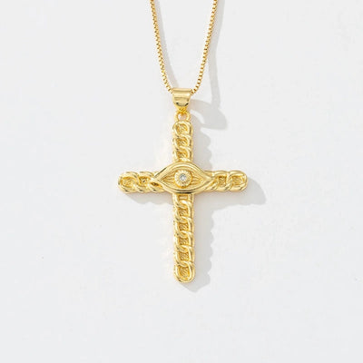 Copper box chain 18K Gold Plated Inlay Carving Cross Zircon Pendant Necklace