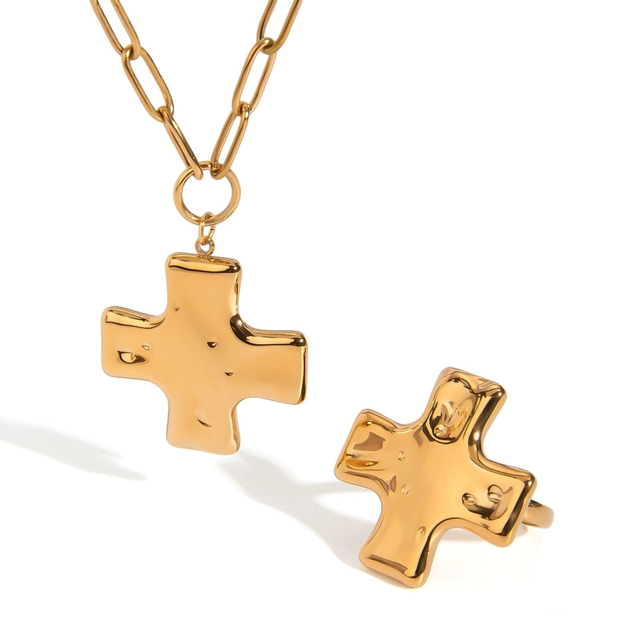 18K Gold Stainless Steel Hammer Pattern Oil Pressure Cross Pendant Clip Chain Necklace