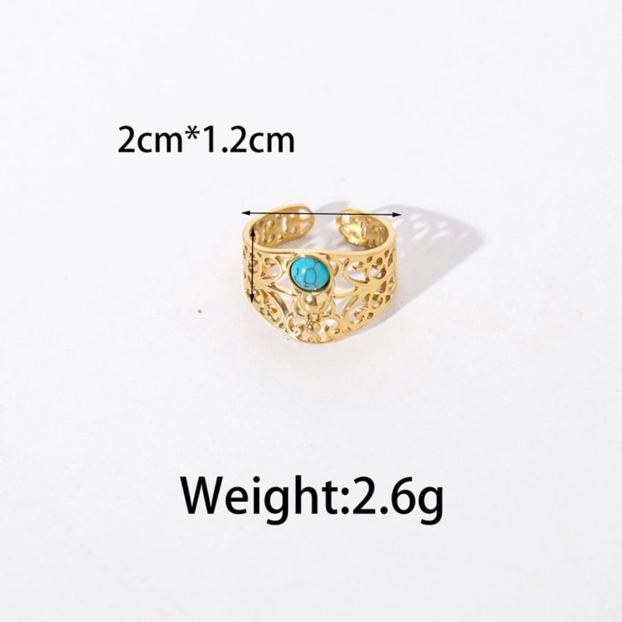Jewelry Elegant Vintage Style Simple Style Oval 304 Stainless Steel Turquoise 14K Gold Plated Plating Hollow Out Stainless Steel Rings