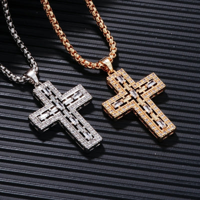 Hip-Hop Rock Shiny Cross Wings 304 Stainless Steel Copper Zircon K Gold Plated Rhodium Plated Unisex Pendant Necklace