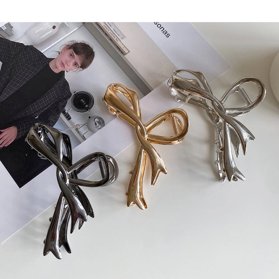 Ribbon bow hairpin for women  new back head clip shark clip high-end silver metal clip hairpin