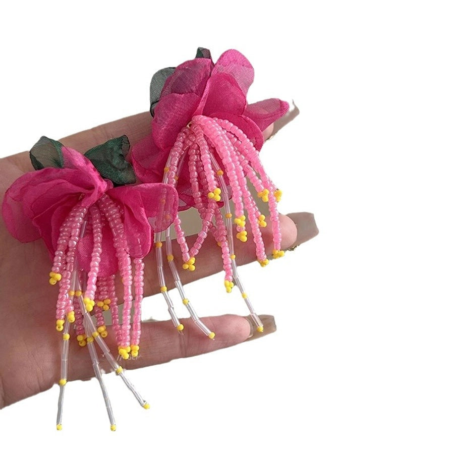 Mori chiffon flower beaded earrings female super fairy exaggerated Rose Red holiday style earrings  new popular