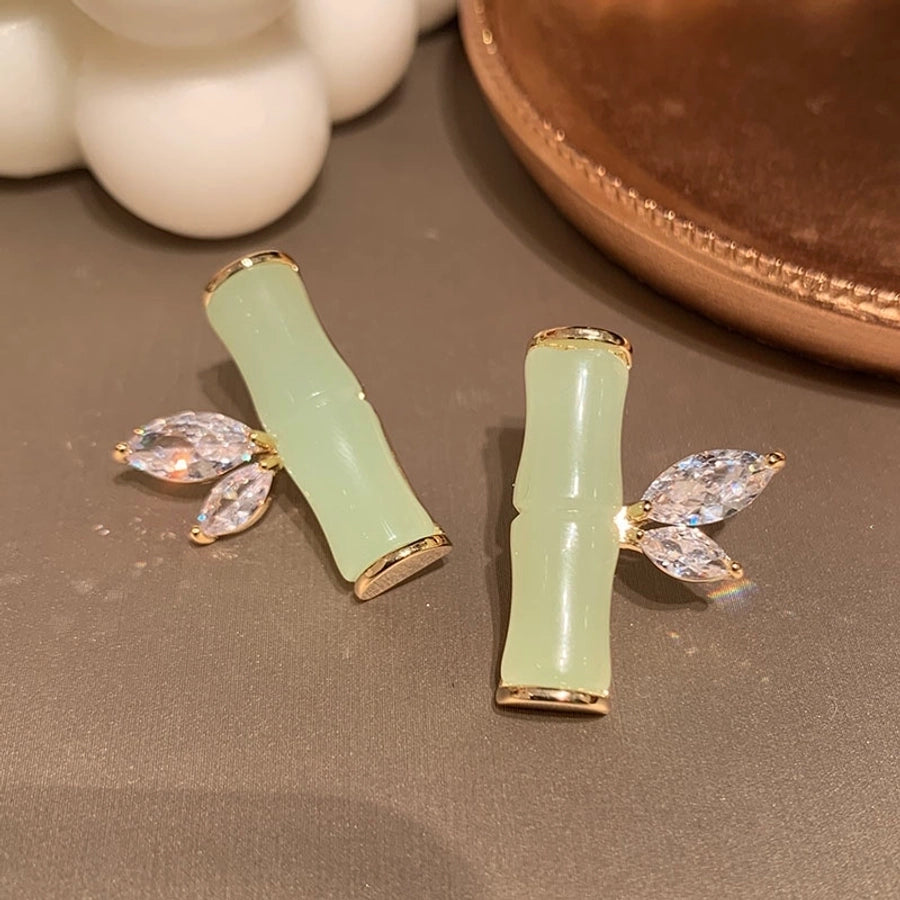 1 Pair Elegant Vintage Style Geometric Bamboo Plating Synthetics Metal Copper Zircon 14K Gold Plated Ear Studs