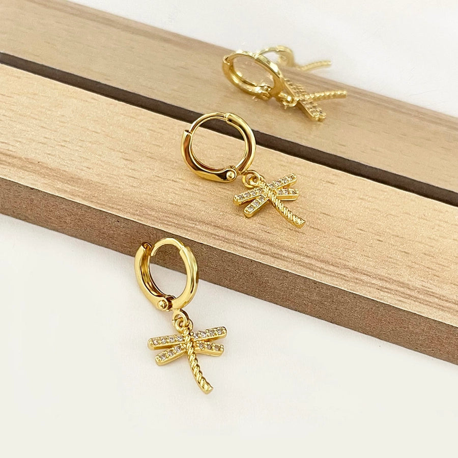 1 Pair IG Style Simple Style Dragonfly Inlay Copper Zircon Drop Earrings