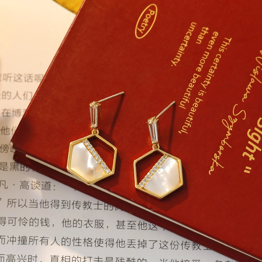 1 Pair Elegant Simple Style Commute Hexagon Inlay Copper White shell Zircon 14K Gold Plated Drop Earrings