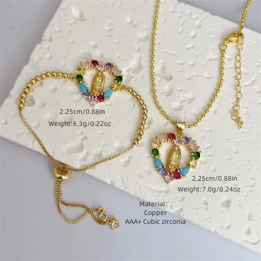 Jewelry Simple Style Classic Style Cross Virgin Mary Copper Zircon 18K Gold Plated Bracelets Necklace Jewelry Set