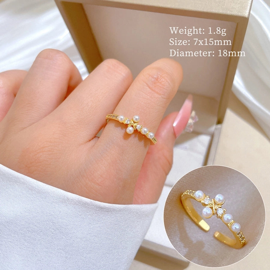 Brass Gold Plated Geometric Artificial Pearls Zircon Brass Rings