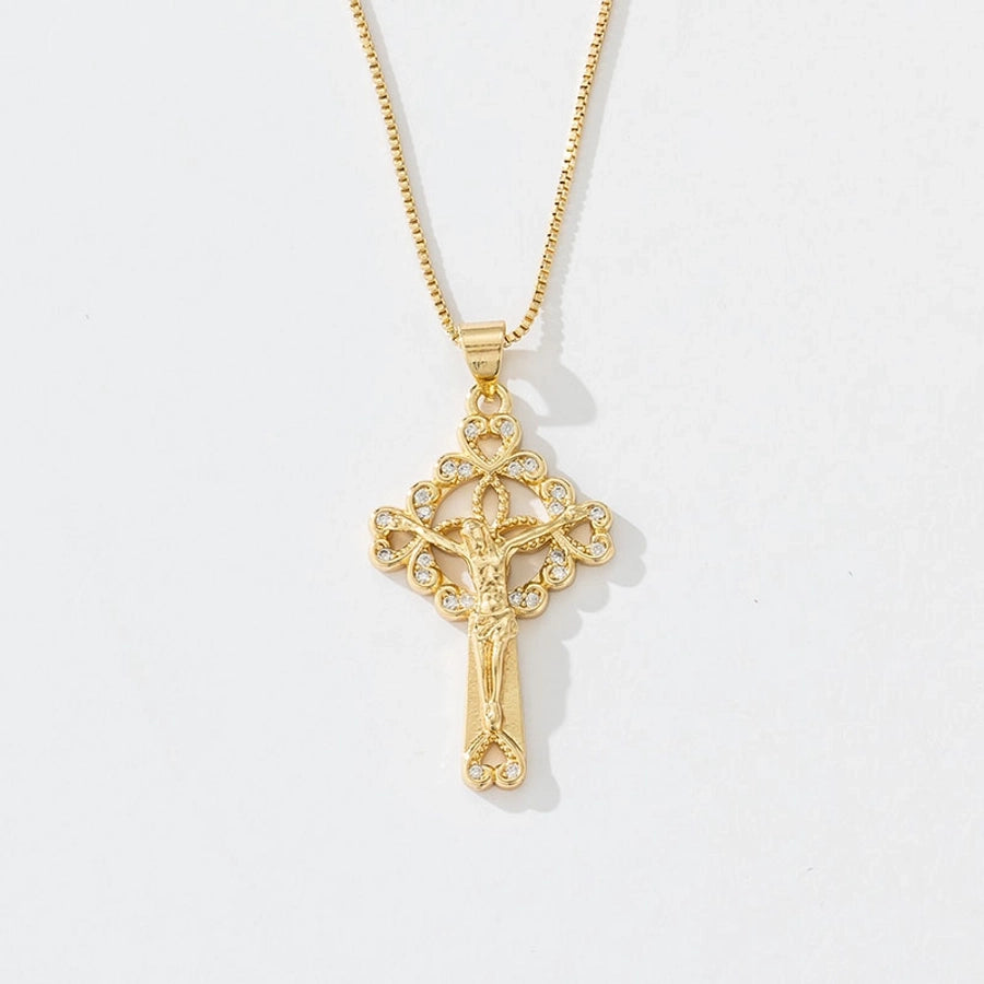 Copper box chain 18K Gold Plated Inlay Carving Cross Zircon Pendant Necklace