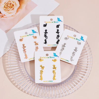 4 Pairs Cute Sweet Commute Animal Dinosaur Deer Polishing Hollow Out 304 Stainless Steel 18K Gold Plated Ear Studs