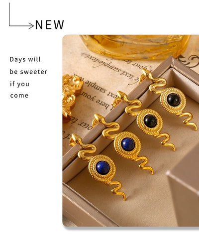 1 Pair Retro British Style Round Snake Plating Inlay 304 Stainless Steel Natural Stone Agate 18K Gold Plated Ear Studs