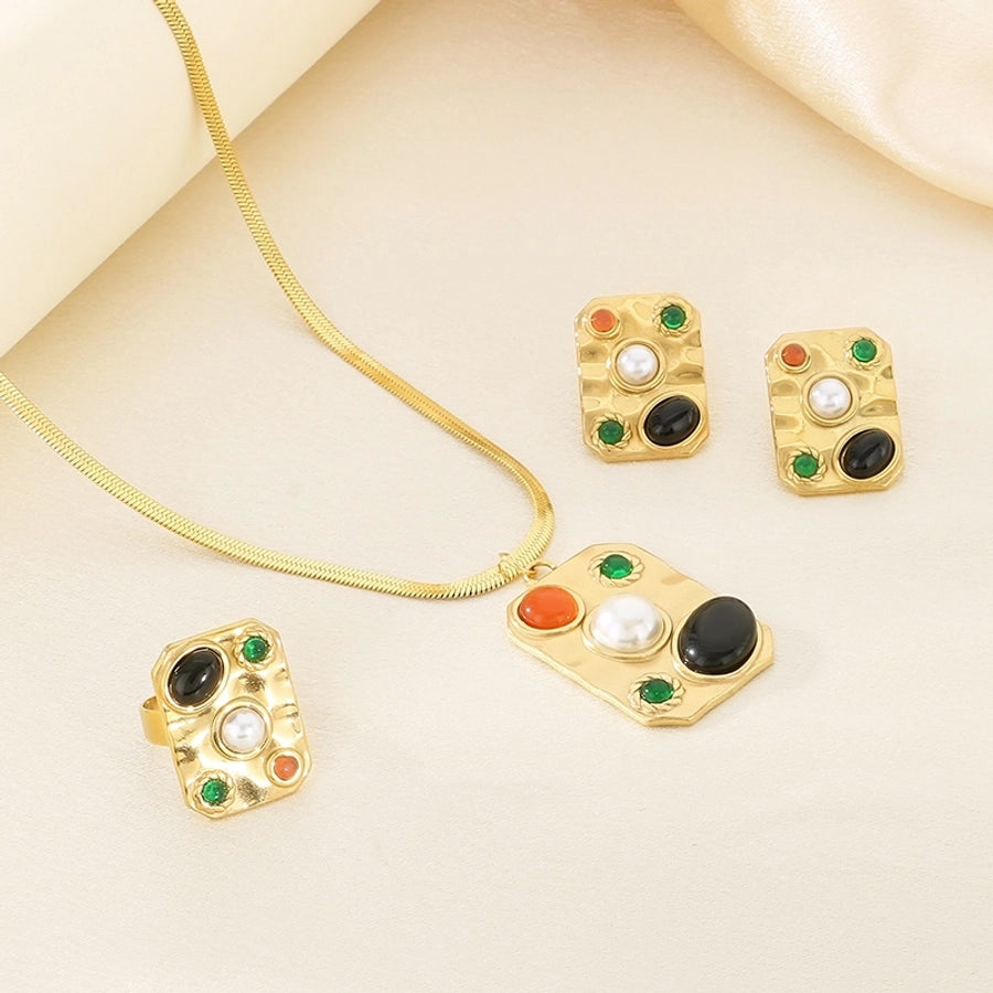 Jewelry Elegant Vintage Style Streetwear Square 304 Stainless Steel Artificial Gemstones Turquoise Pearl 18K Gold Plated Inlay Jewelry Set