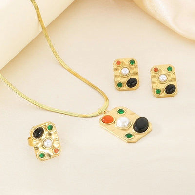 Jewelry Elegant Vintage Style Streetwear Square 304 Stainless Steel Artificial Gemstones Turquoise Pearl 18K Gold Plated Inlay Jewelry Set