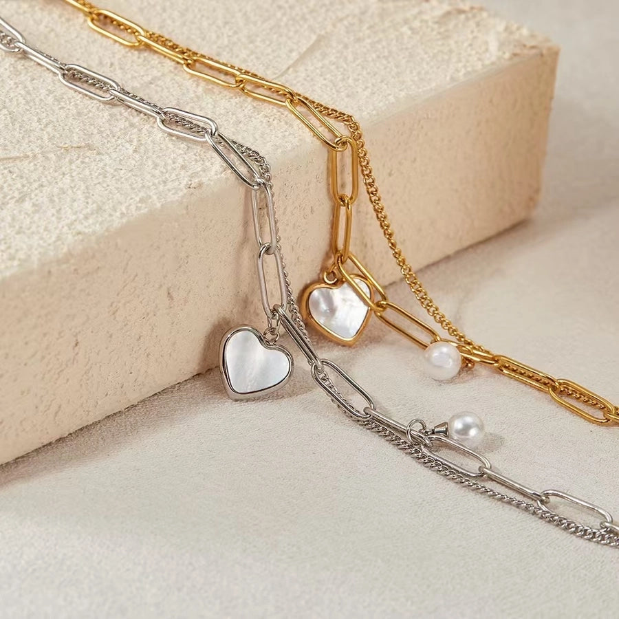 Casual Simple Style Heart Shape Titanium Steel 18K Gold Plated Artificial Pearls Shell Paperclip Chain Bracelets In Bulk