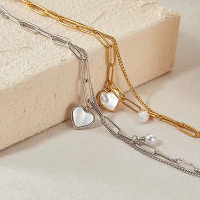 Casual Simple Style Heart Shape Titanium Steel 18K Gold Plated Artificial Pearls Shell Paperclip Chain Bracelets In Bulk