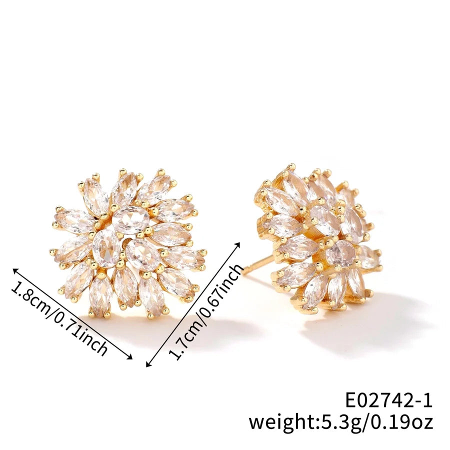 1 Pair Glam Pastoral Shiny Floral Inlay Copper Zircon K Gold Plated Rhodium Plated Ear Studs