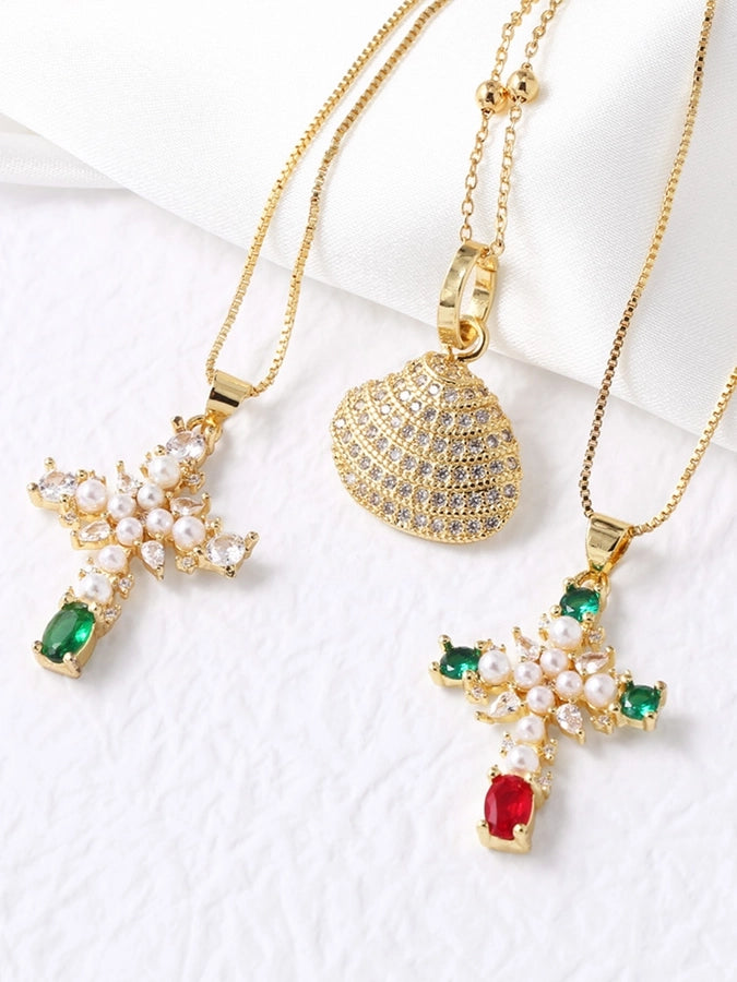 Jewelry Modern Style Simple Style Cross 201 Stainless Steel Copper Pearl Zircon 18K Gold Plated Inlay Pendant Necklace