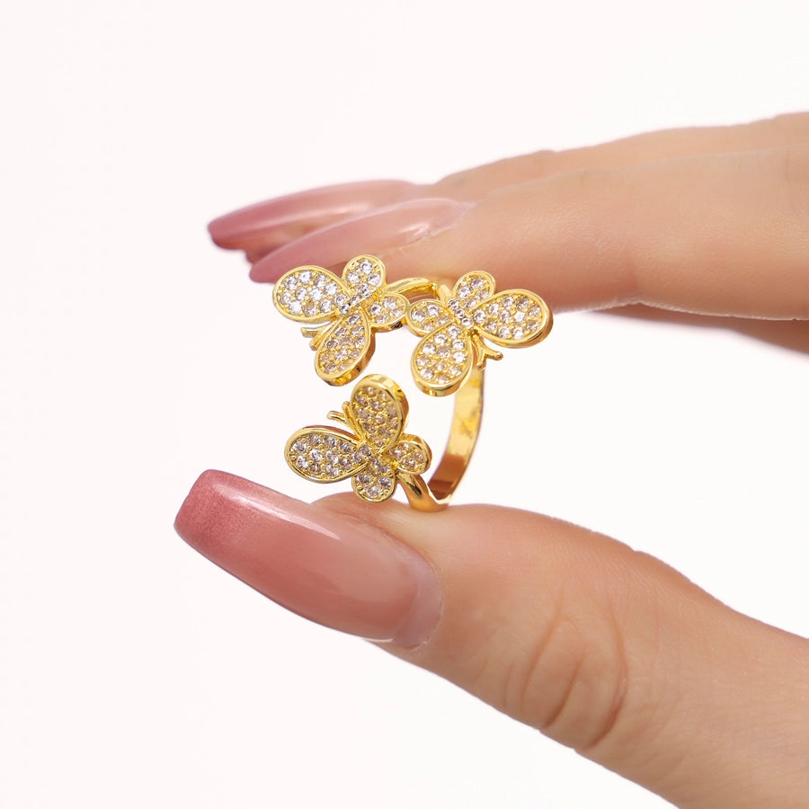 Jewelry Elegant Luxurious Vacation Butterfly Copper Zircon 18K Gold Plated Rings