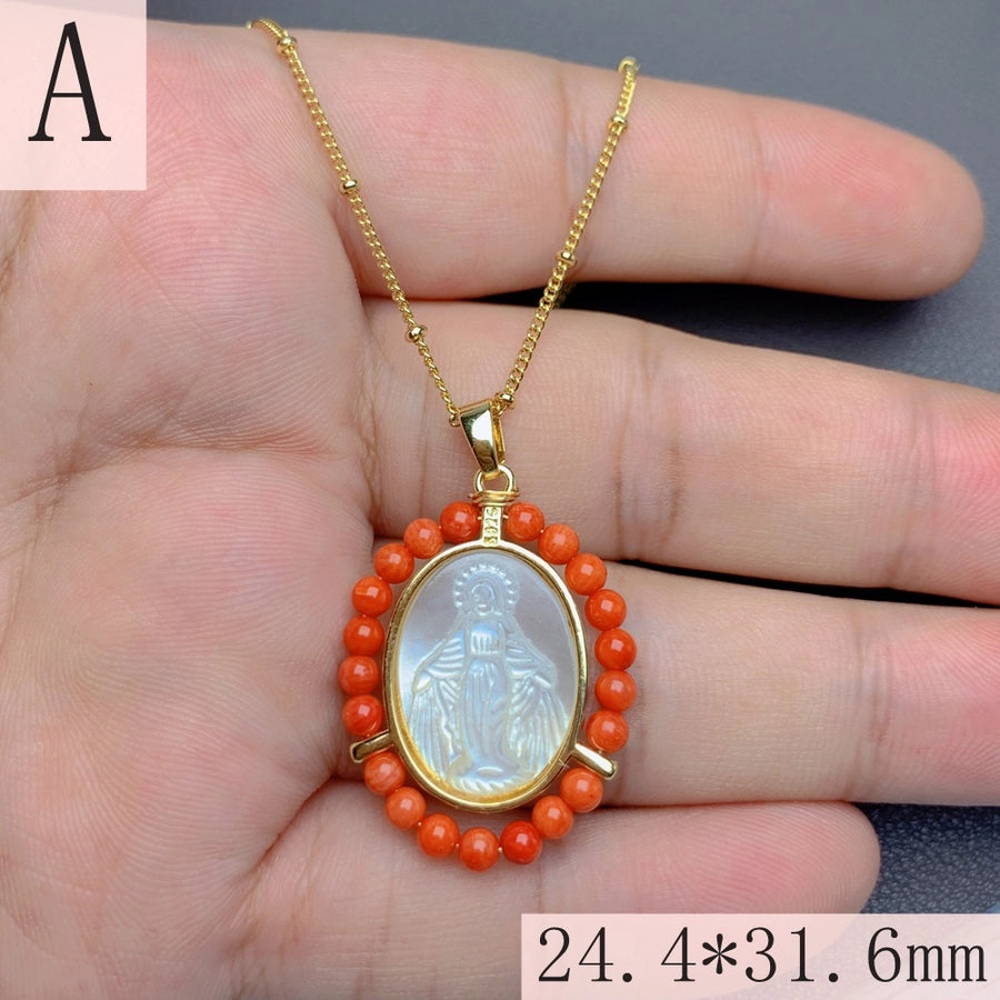 Mother pearl shellfish Copper Geometric Virgin Mary Color Block Pendant Necklace