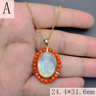 Mother pearl shellfish Copper Geometric Virgin Mary Color Block Pendant Necklace