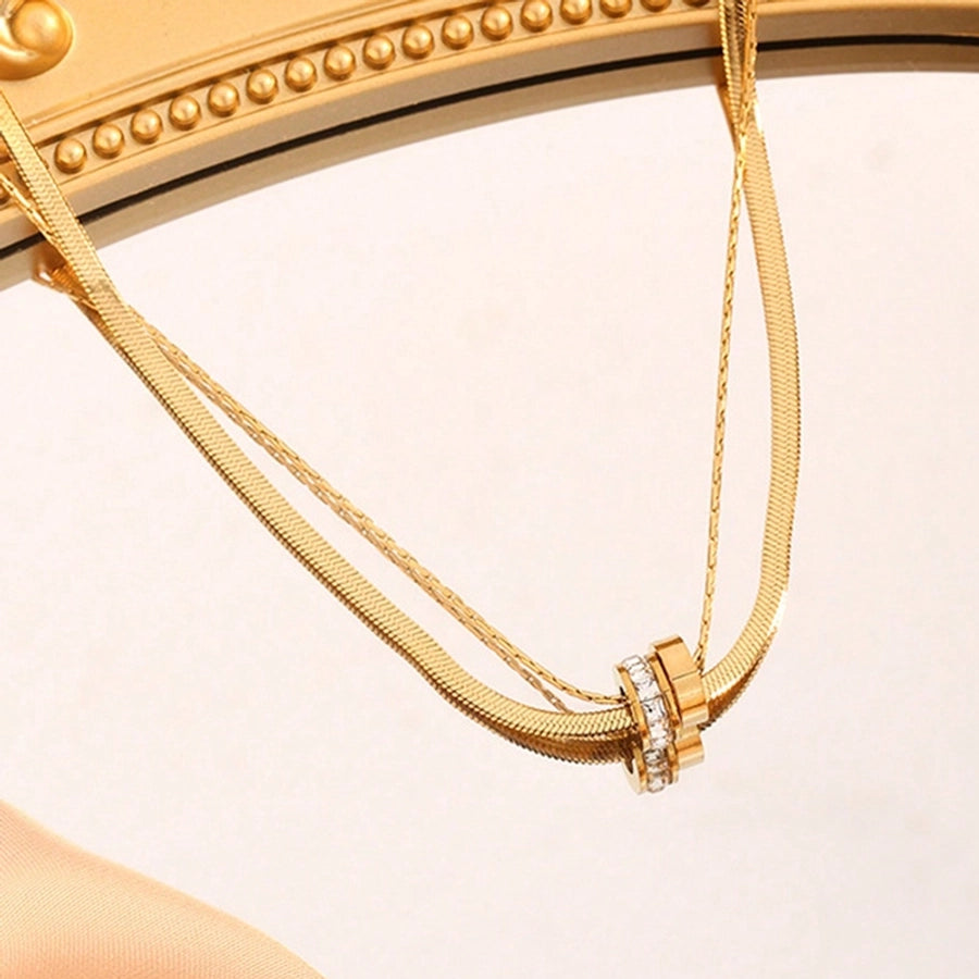 Jewelry Lady Simple Style Commute Round 304 Stainless Steel Artificial Rhinestones 18K Gold Plated Plating Inlay Double Layer Necklaces