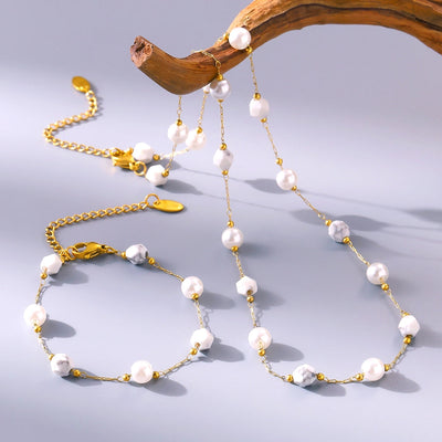 Europe and America  Natural Stone Imitation Pearl Clavicle Necklace Temperamental Bracelet  Style Niche Stainless Steel Jewelry Set