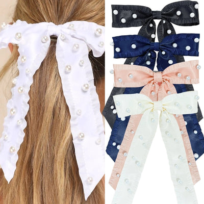 Women's Basic Bow Knot Ribbon Inlaid Pearls Hair Clip