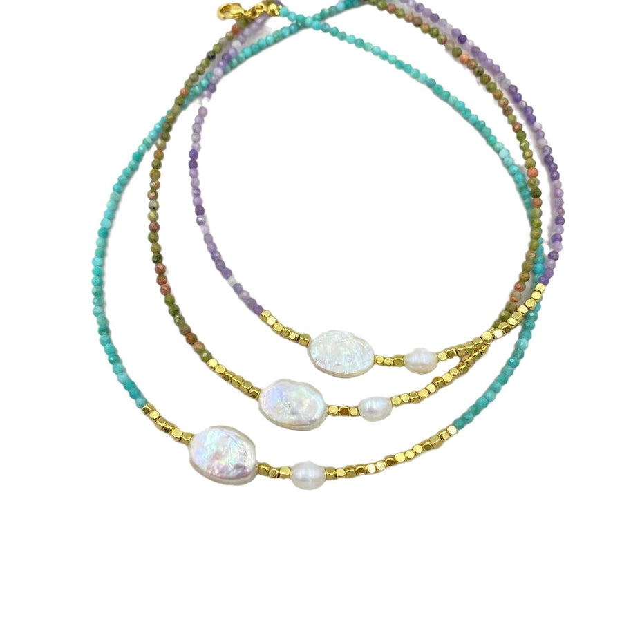 IG Style Geometric natural stone Pearl black gallstone Beaded Chain Necklace In Bulk