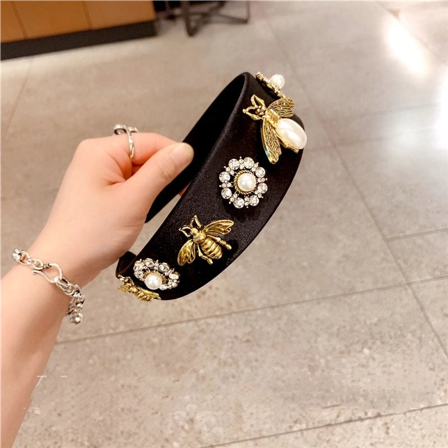 fashion flower bee alloy cloth inlay artificial pearls rhinestones hair band 1 piece