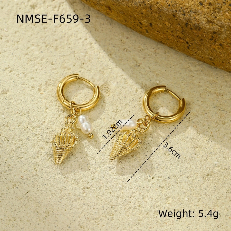 1 Pair Retro Beach Conch Pearl Plating 304 Stainless Steel 18K Gold Plated Drop Earrings