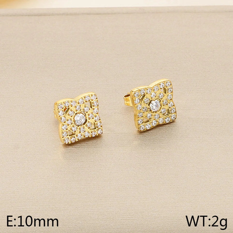 1 Pair Vintage Style Square Heart Shape Hollow Out Inlay 304 Stainless Steel Pearl Zircon 18K Gold Plated Earrings