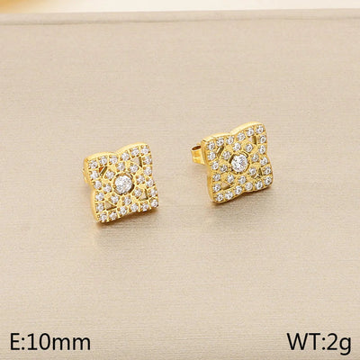 1 Pair Vintage Style Square Heart Shape Hollow Out Inlay 304 Stainless Steel Pearl Zircon 18K Gold Plated Earrings