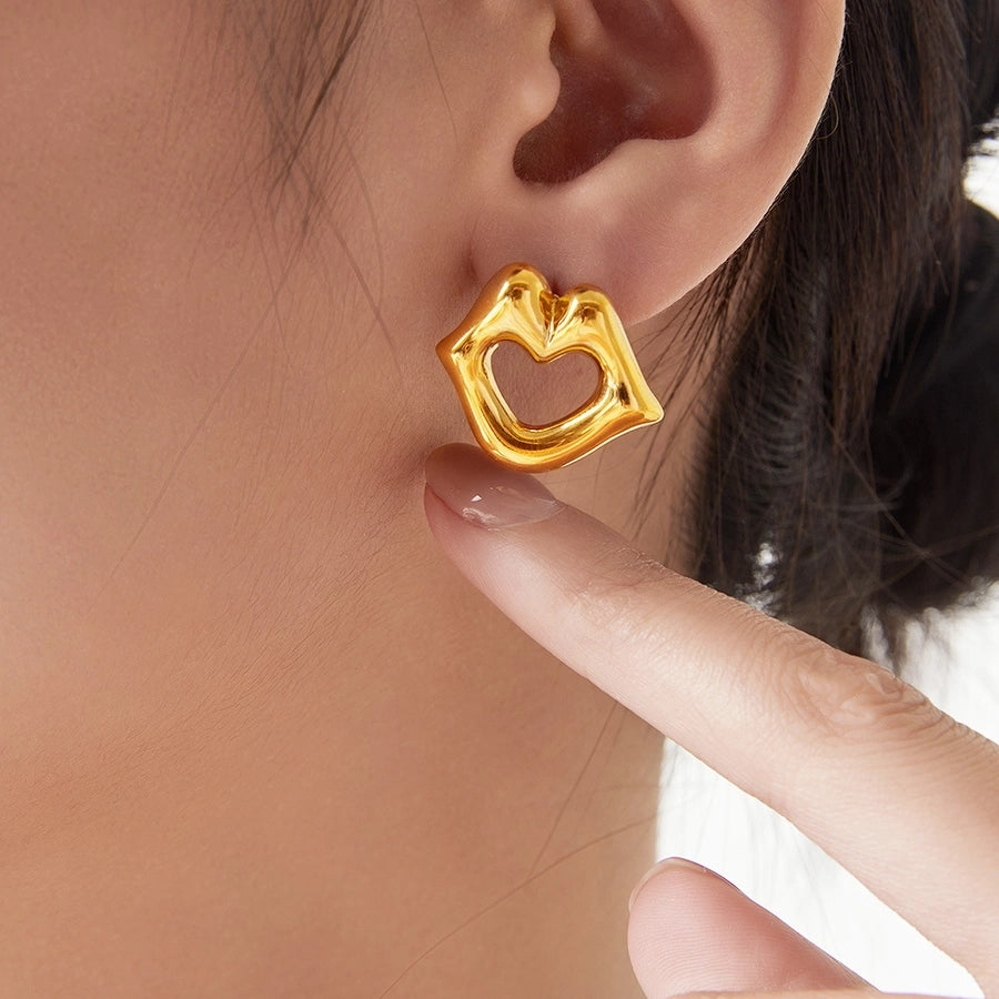 1 Pair Basic Commute Lips Solid Color Hollow Out 304 Stainless Steel 14K Gold Plated Ear Studs