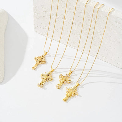 Copper box chain 18K Gold Plated Inlay Carving Cross Zircon Pendant Necklace