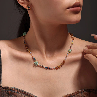 Sweet Cool Style Geometric 304 Stainless Steel Artificial Crystal natural stone 18K Gold Plated Beaded Chain Necklace In Bulk