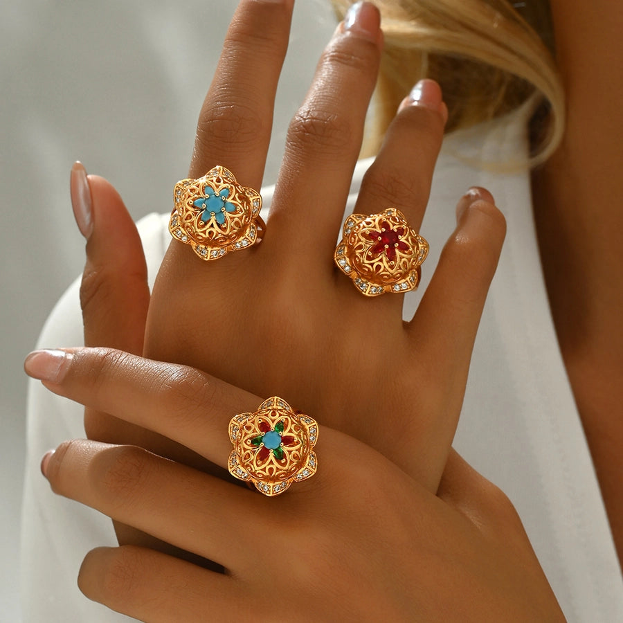 Copper Inlay Geometric Zircon Open Rings