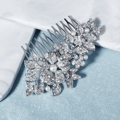 cross-border hot bride wedding decoration european and american retro alloy flower rhinestone-embedded hair comb highlight pearl hair bun hair comb