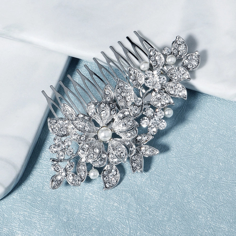 cross-border hot bride wedding decoration european and american retro alloy flower rhinestone-embedded hair comb highlight pearl hair bun hair comb