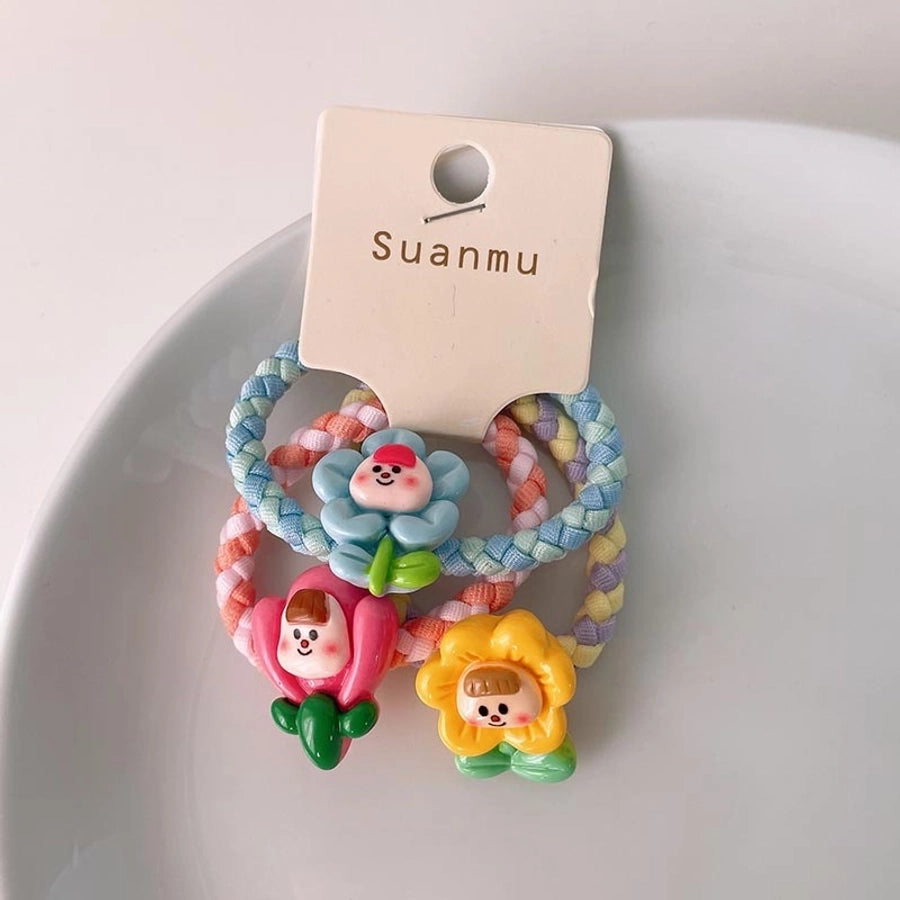 kid's cartoon style animal fruit flower cloth resin contrast collar hair tie